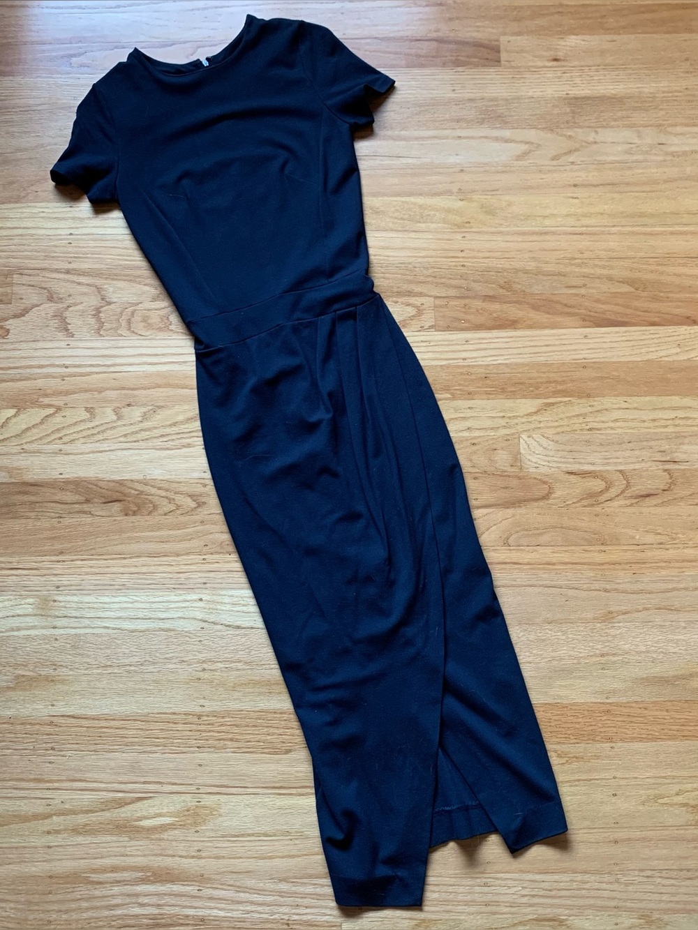 Iris & Ink navy blue fitted dress with faux wrap skirt detail